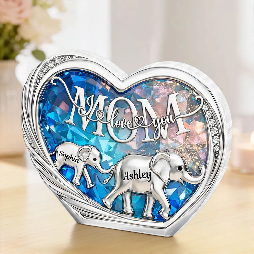 Personalized Shaped Acrylic Block Plaque with Elephant Family in Heart, 'Mom We Love You' Unique Gift for Mom