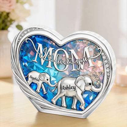 Personalized Shaped Acrylic Block Plaque with Elephant Family in Heart, 'Mom We Love You' Unique Gift for Mom