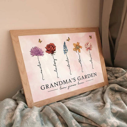 Grandma's Garden Love Grows Here Beautiful Birth Month Flower Gift For Grandma Mom Personalized Doormat or Poster or Canvas, Keychain, Plaque, Wallet Card