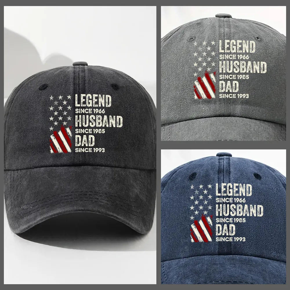 Washed Denim Baseball Cap with Legend Husband Dad Papa Style Graphic, Personalized Unique Gift for Dad with a Vintage Vibe