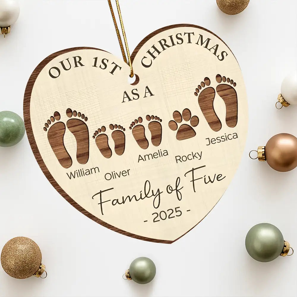 Our First Christmas As a Family – Personalized Wooden Ornament for Parents with Footprint Design, Heartfelt Gift for Loved Ones