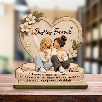 Personalized Wooden Plaque, Besties Forever, Seated Friends Holding Coffee, Unique Gift