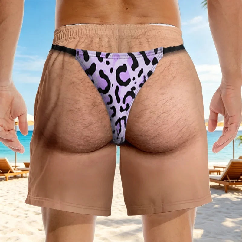 Personalized Men's Beach Shorts with Funny Faux Thong Print, Custom Skin Tone and Underwear Color, Novelty Gift for Him