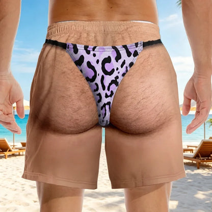 Personalized Men's Beach Shorts with Funny Faux Thong Print, Custom Skin Tone and Underwear Color, Novelty Gift for Him