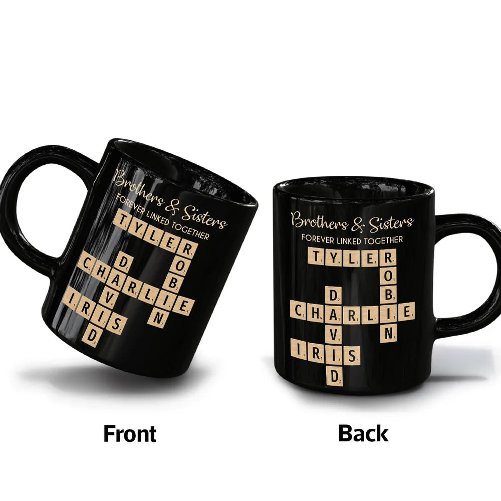 Brothers & Sisters Forever Linked Together Crossword Puzzle Art Personalized Mug, Gift For Brothers, Sisters, Siblings, Family