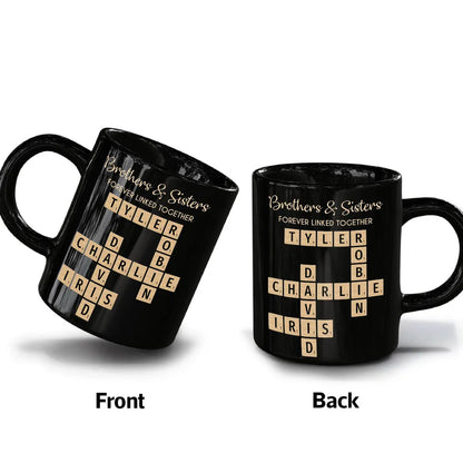 Brothers & Sisters Forever Linked Together Crossword Puzzle Art Personalized Mug, Gift For Brothers, Sisters, Siblings, Family