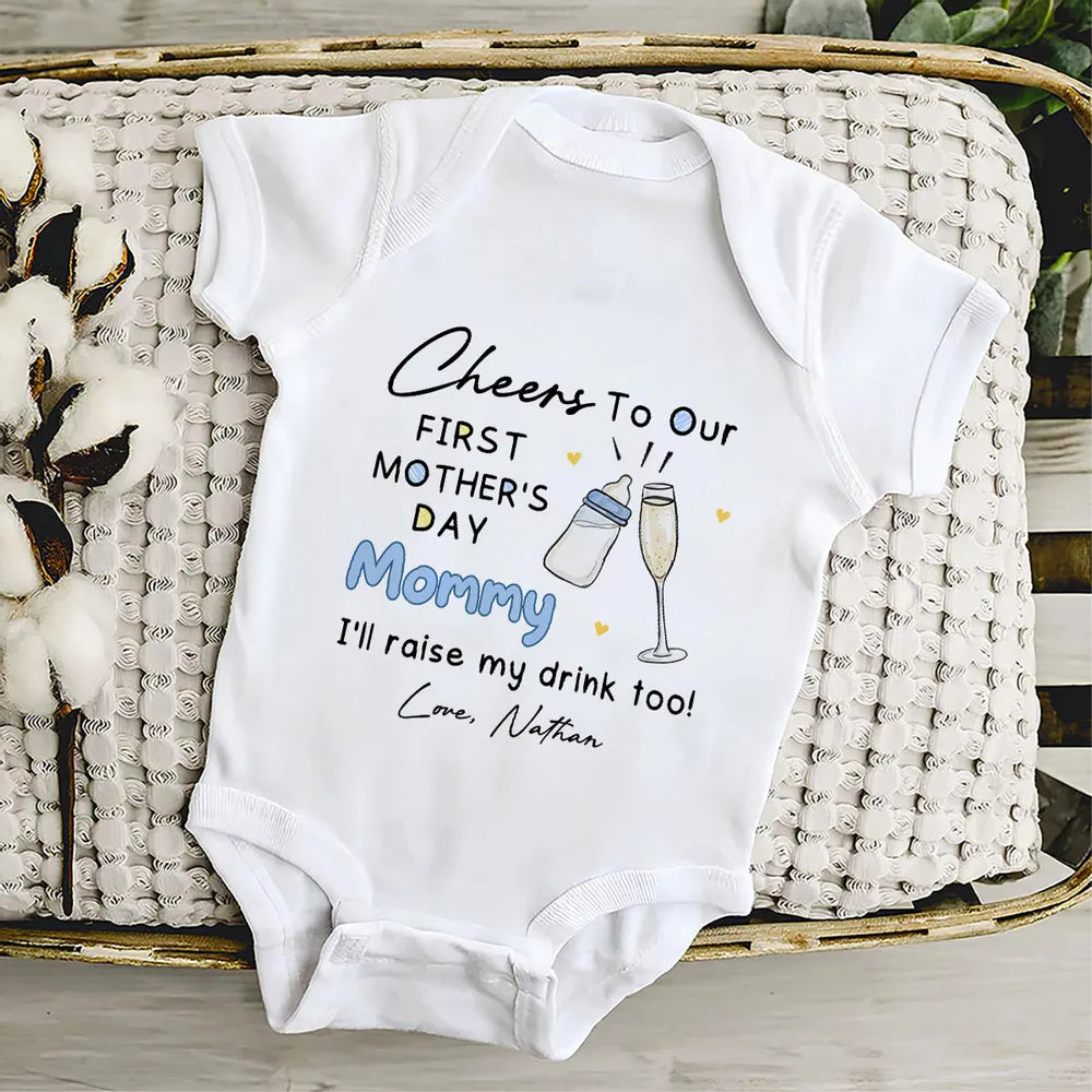 Short Sleeve Baby Onesie for First Mother's Day, Personalized Cheers Design with Baby Bottle and Toast, Sweet Gift Idea for New Mom