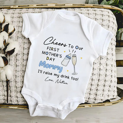 Short Sleeve Baby Onesie for First Mother's Day, Personalized Cheers Design with Baby Bottle and Toast, Sweet Gift Idea for New Mom
