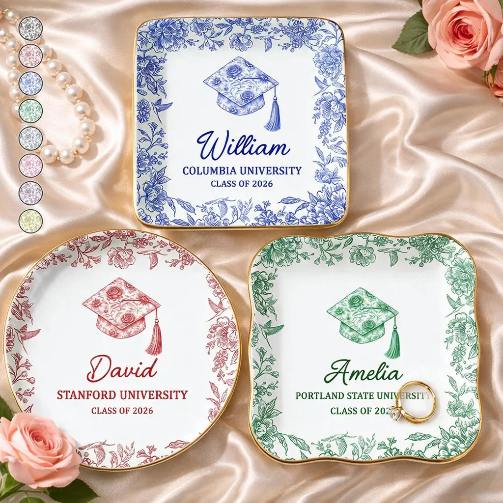 Personalized Graduation Jewelry Dish With Cap Floral Border Vanity Decor, Unique Keepsake Gift For Her