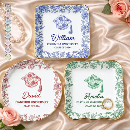 Personalized Graduation Jewelry Dish With Cap Floral Border Vanity Decor, Unique Keepsake Gift For Her