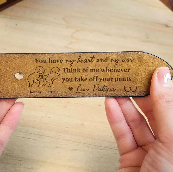Personalized Leather Belt, Romantic Humor in Brown and Black, Cartoon Couple Posing Together, Creative Gift for Partner