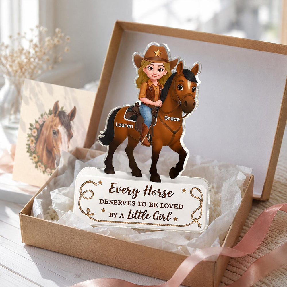Personalized Shaped Acrylic Block Plaque, Cartoon Cowgirl Riding a Horse, Unique Gift for Horse Lovers
