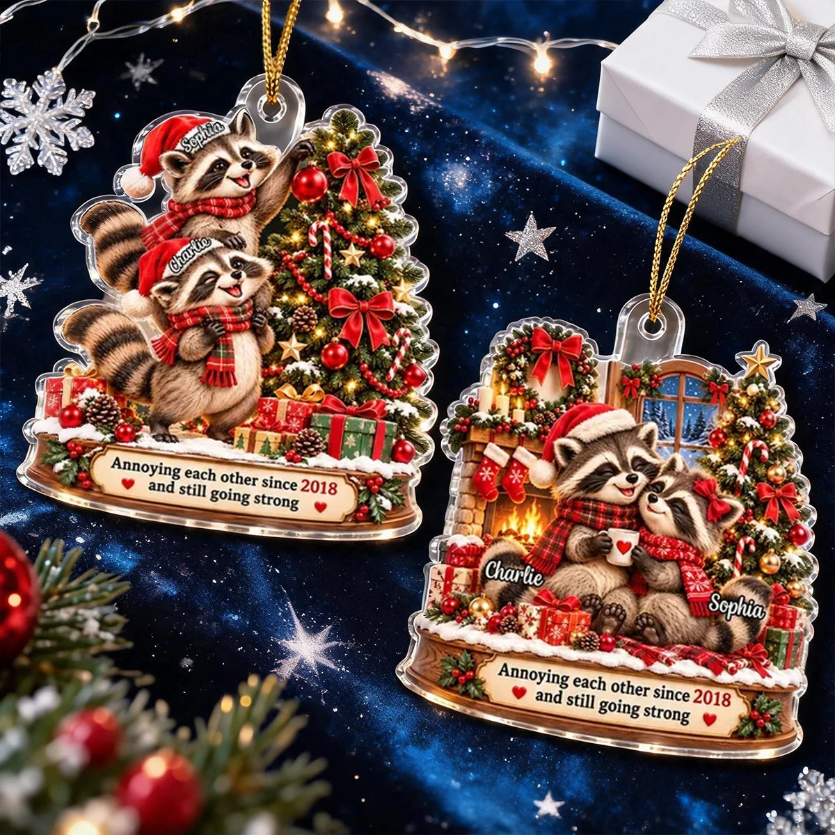 Personalized Acrylic Ornament, Funny Raccoon Couple Decorating a Christmas Tree, Unique Gift for Couples