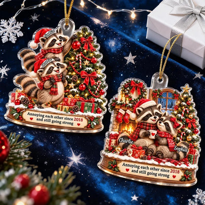 Personalized Acrylic Ornament, Funny Raccoon Couple Decorating a Christmas Tree, Unique Gift for Couples