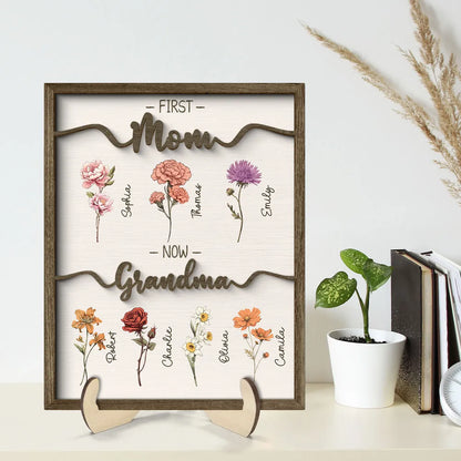 Personalized 2-Layer Wooden Plaque First Mom Now Grandma Floral Keepsake for Grandma - Unique Family Gift