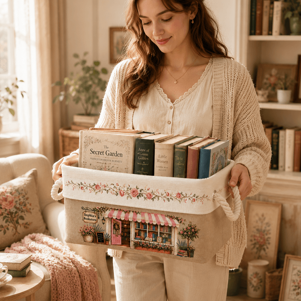 Personalized Bookstore Basket with Birth Month Flowers & Custom Name, Unique Gift for Book Lovers