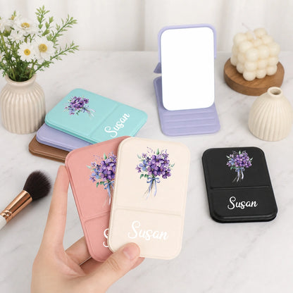 Leather Folding Makeup Mirror with Soft Floral Art, Custom Keepsake, Creative Gift for Beauty Lover