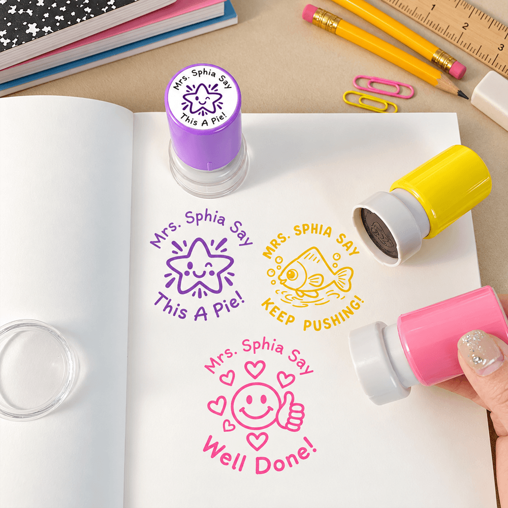 Personalized Teacher Stamp with Colorful Classroom Icons, Creative Gift for Teachers