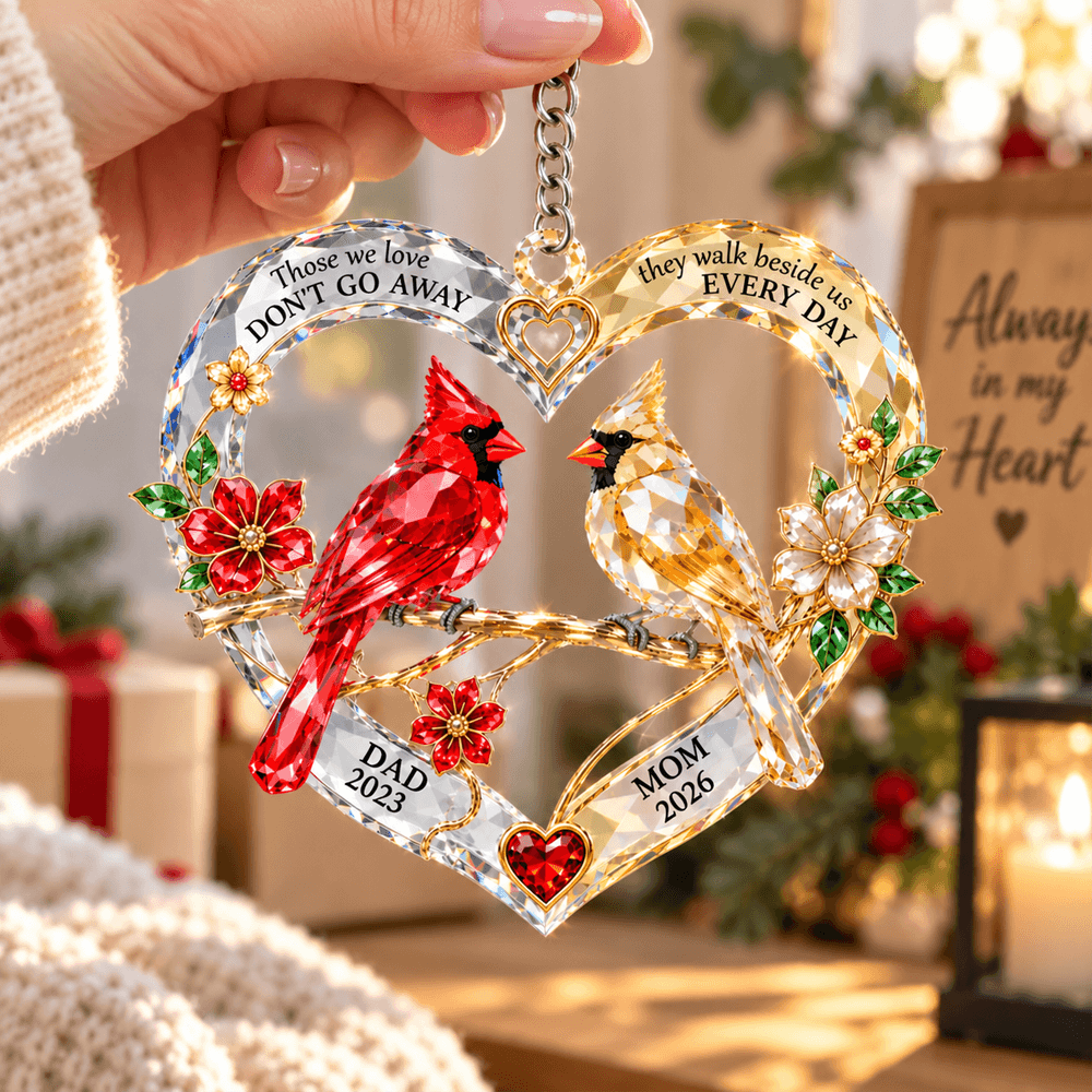 Personalized Cardinal Memorial Acrylic Ornament with Names & Years, Heart-Shaped Window Hanging, Sympathy Gift