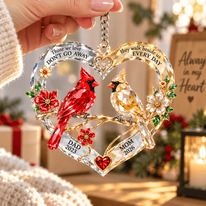 Personalized Cardinal Memorial Acrylic Ornament with Names & Years, Heart-Shaped Window Hanging, Sympathy Gift