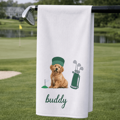 Personalized Dog Golf Towel with Photo or Embroidered Pet Portrait & Name, Custom Gift for Dog-Loving Golfers