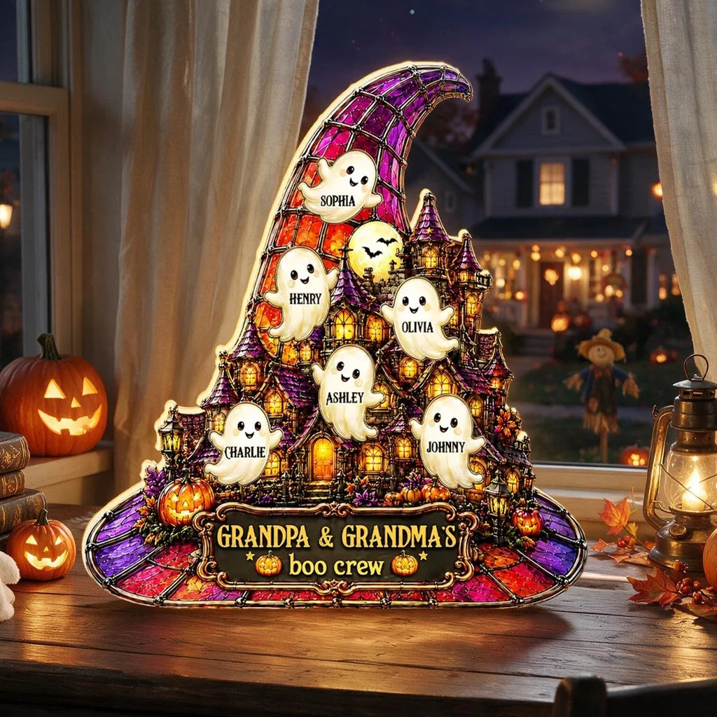 Personalized Acrylic Light Box, Cute Ghosts at a Haunted House, Unique Halloween Gift for Grandparents