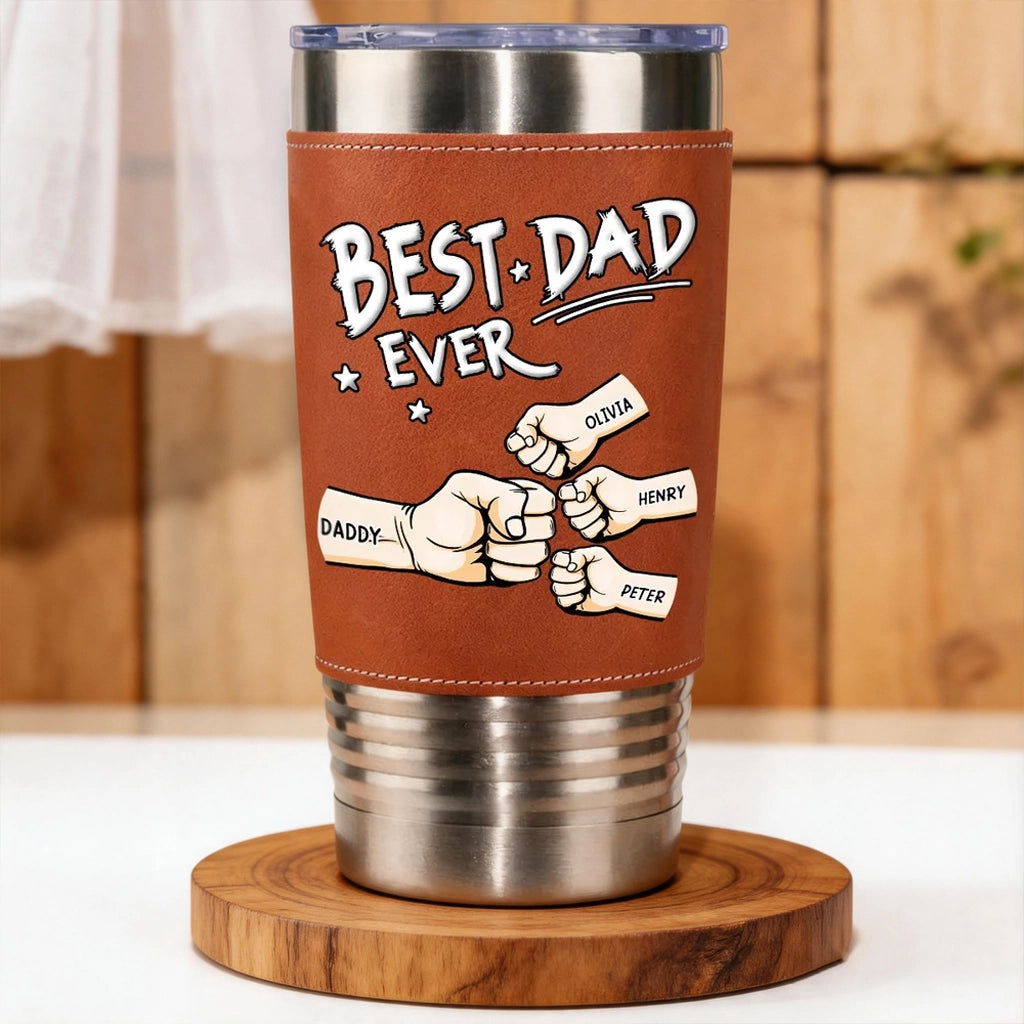 Personalized Leather Wrapped Tumbler, Best Dad Ever Fist Bump Design, Unique Gift for Dad