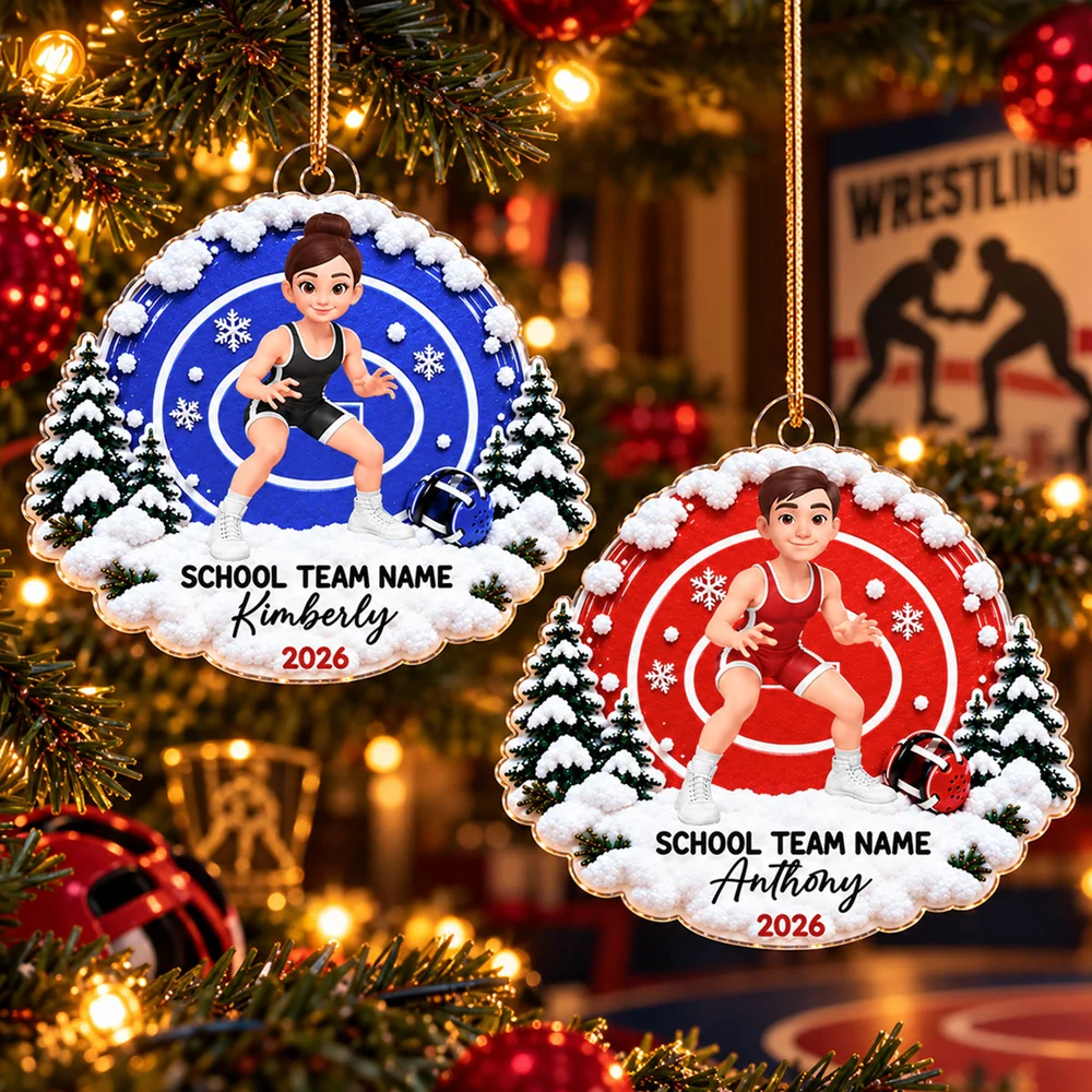 Personalized Acrylic Ornament, Young Wrestler in Action on a Snowy Mat, Unique Christmas Gift for Kids