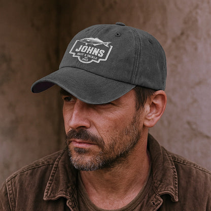 Personalized Washed Denim Baseball Cap with Vintage Fish Logo, Casual Outdoor Wear, Unique Gift for Fishing Lovers