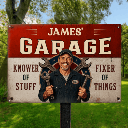 Personalized Mechanic Garage Sign with Custom Photo & Name, Rustic Metal Wall Decor, Gift for Dad, Grandpa or Handyman