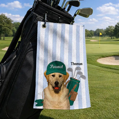Personalized Waffle Weave Golf Towel With Dog Caddy Art, Unique Golf Course Gift For Dad