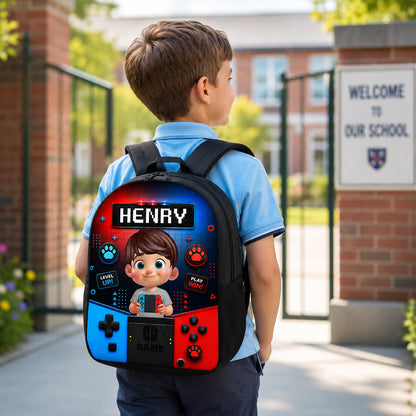 Personalized Kids School Backpack, Cartoon Gamer Boy Holding Controller, Unique Gift for Kids