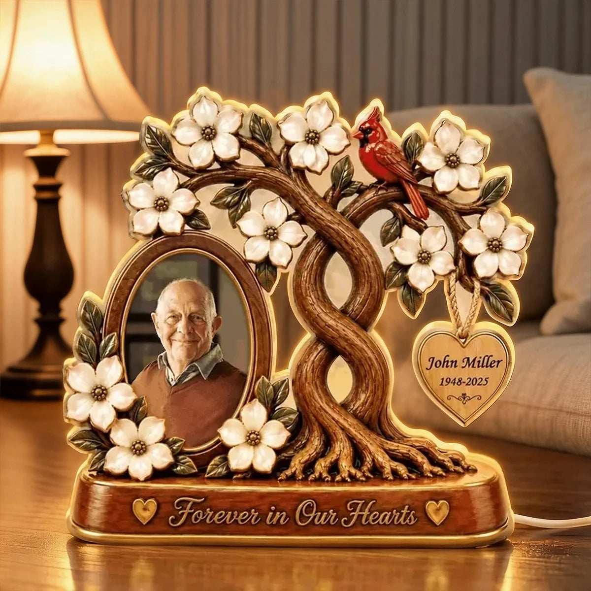 Personalized Acrylic Light Box with Memorial Photo, Flowering Family Tree and Cardinal, Unique Sympathy Gift for Family