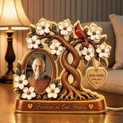 Personalized Acrylic Light Box with Memorial Photo, Flowering Family Tree and Cardinal, Unique Sympathy Gift for Family