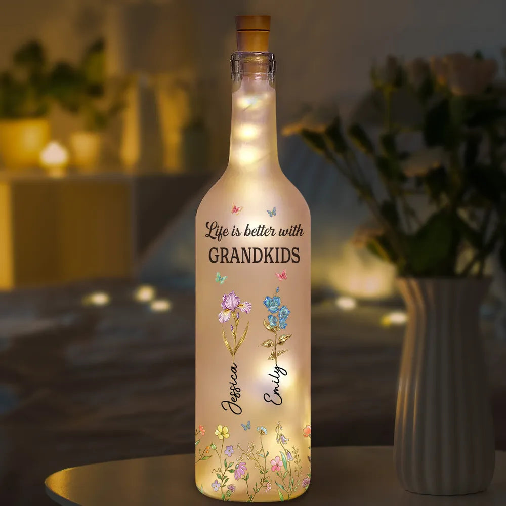 Bottle Lamp Personalized for Grandkids, Soft Warm Ambient Light with Wildflowers, Thoughtful Home Decor Gift for Grandma