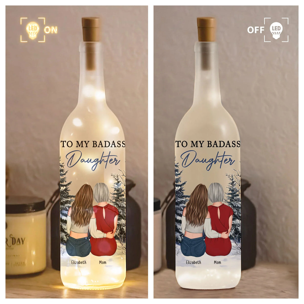 Personalized Bottle Lamp for Daughter, Cozy Warm Glow Winter Scene, Unique Gift From Mom With Encouraging Quote