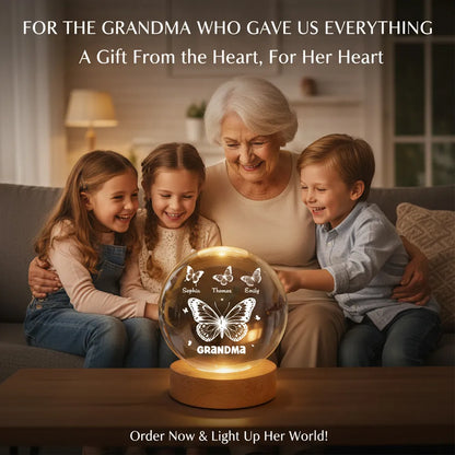 Butterfly Glow Globe Lamp Personalized for Grandma, Cozy Bedside Decor, Thoughtful Unique Gift from Grandkids