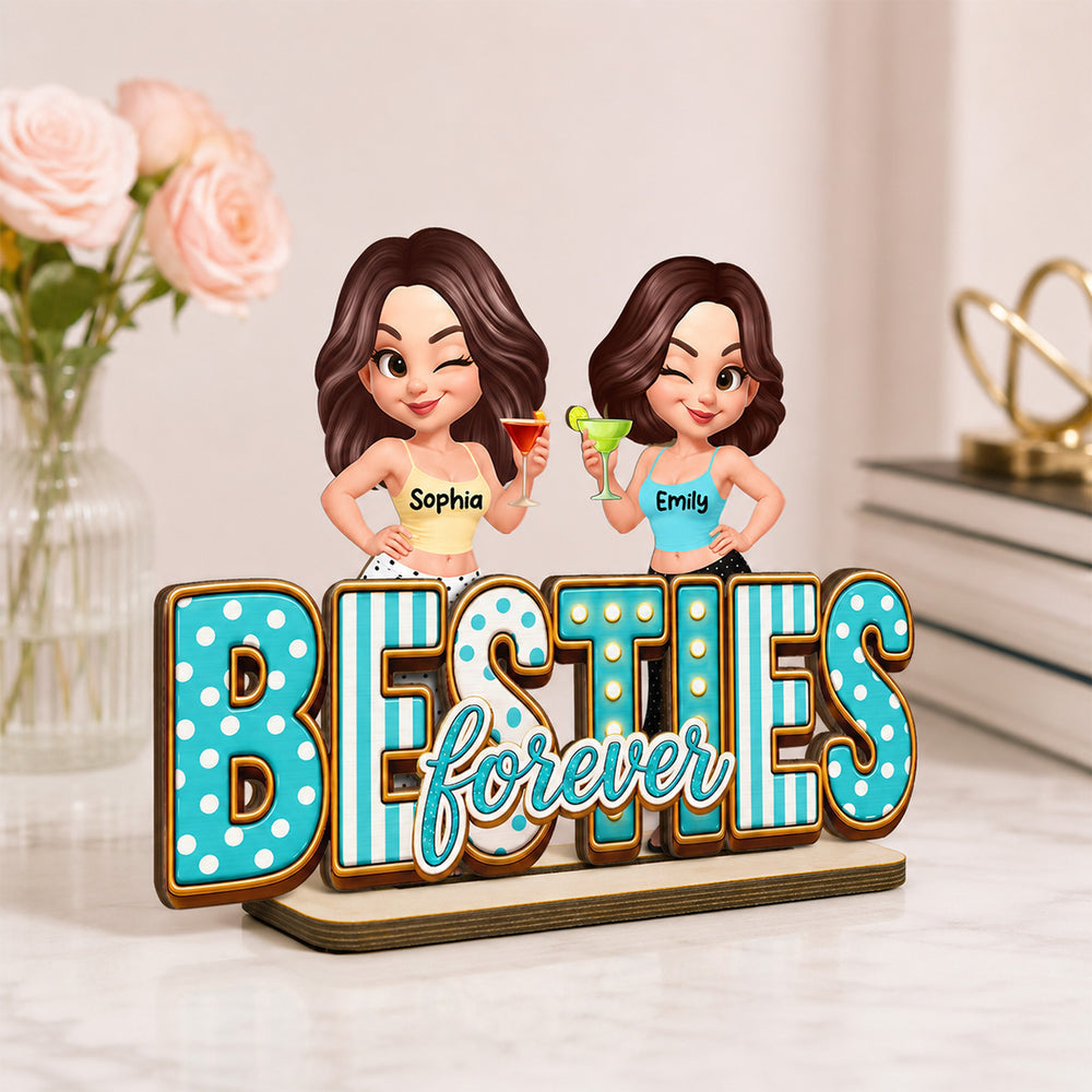Besties Forever Wooden Plaque with Girls Raising Drinks, Creative Gift for Sister or Friend