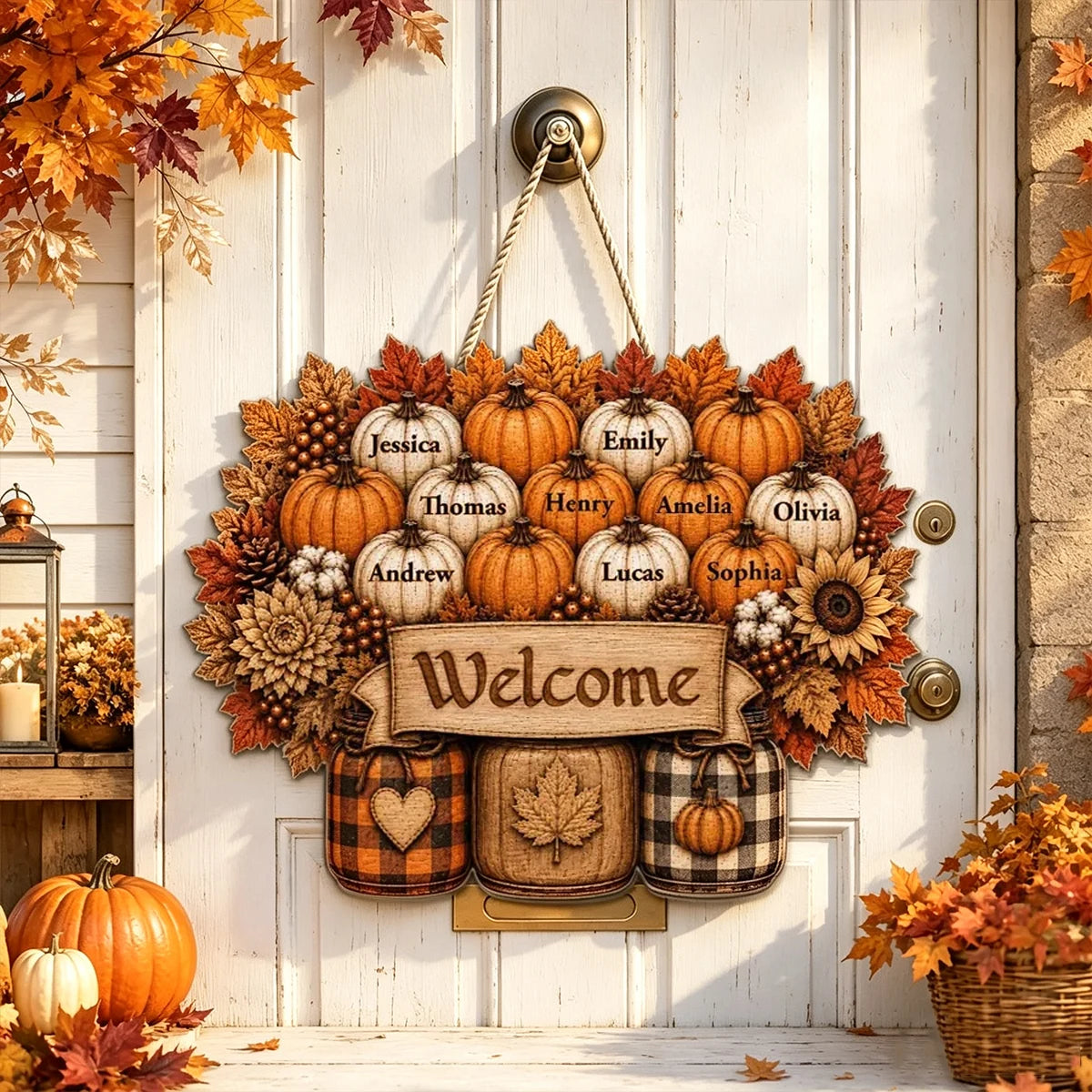 Family Welcome Wooden Sign with Fall Pumpkin Design, Personalized Front Door Decor, Creative Gift for Family