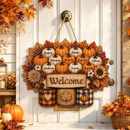 Family Welcome Wooden Sign with Fall Pumpkin Design, Personalized Front Door Decor, Creative Gift for Family