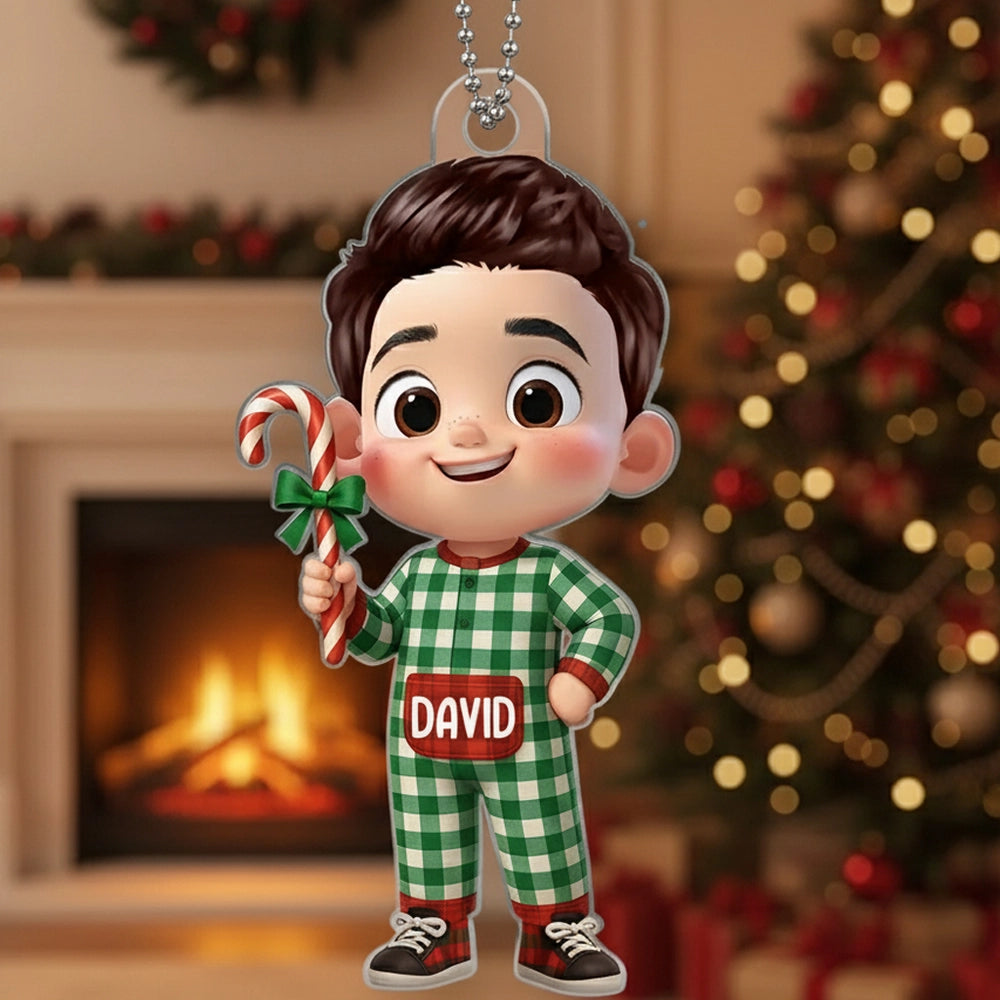 Kids in Pajamas Acrylic Ornament – Personalized Christmas Decoration, Clear and Textured Collectible Gift for Families