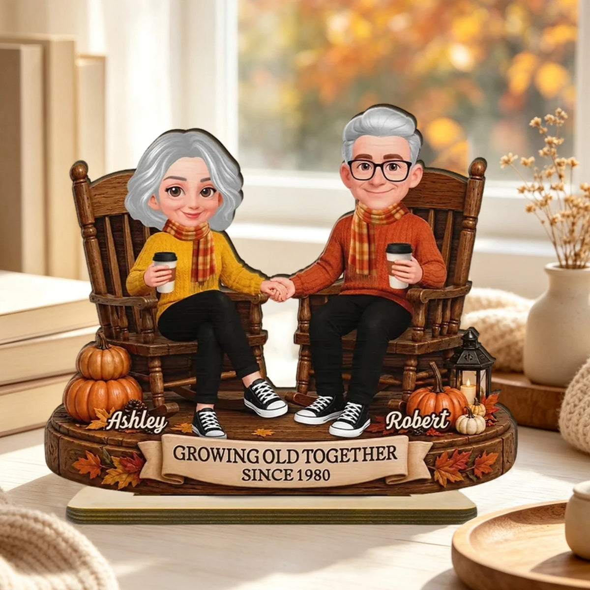 Personalized 2-Layer Wooden Plaque, Older Couple Holding Hands in Autumn, Unique Gift for Couples