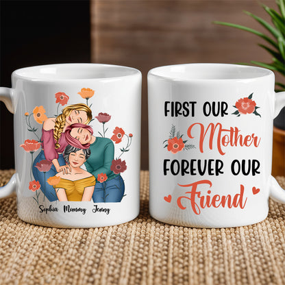 Personalized Gift for Mother or Daughter – Ceramic Mug Featuring Hugging Scene with 'First Our Mother, Forever Our Friend'