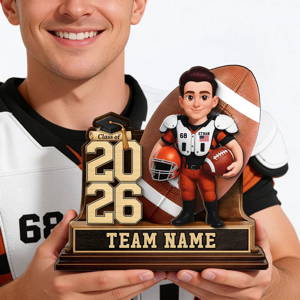 Custom Class Football Player 2-Layer Wooden Plaque, Warm Sports Memory Desk Decor, Thoughtful Gift for Graduates