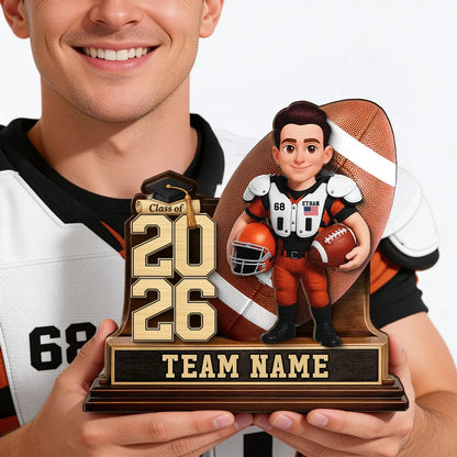 Custom Class Football Player 2-Layer Wooden Plaque, Warm Sports Memory Desk Decor, Thoughtful Gift for Graduates