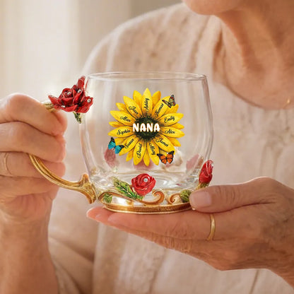 Personalized Enamel Flower Tea Cup with Sunflower Nana Design for Grandma - Unique Custom Gift for Her