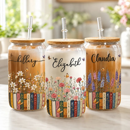 Personalized Bamboo Lid Glass Cup with Floral Books and Butterflies, Unique Gift for Book Lovers
