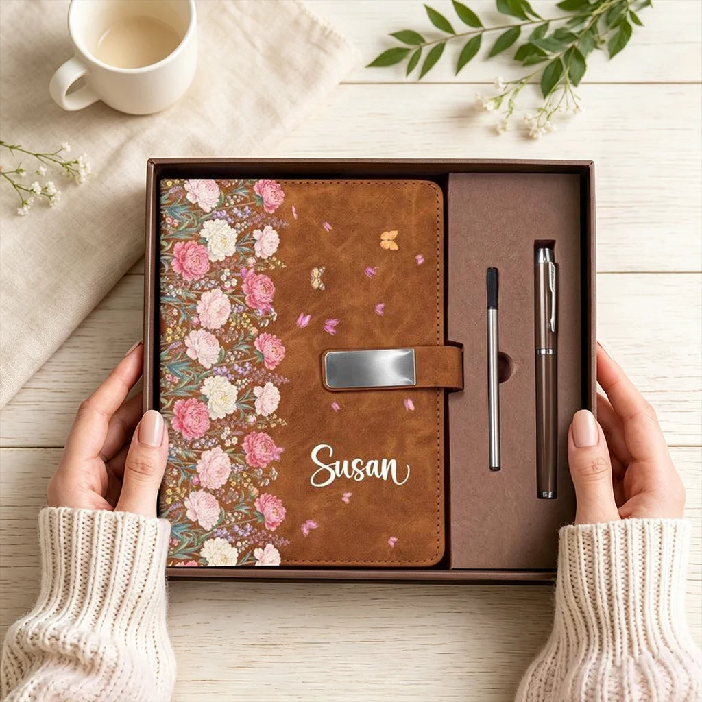Personalized Warm Brown Floral Metal Buckle Notebook Set, Presented in a Gift Box, Unique Gift for Her