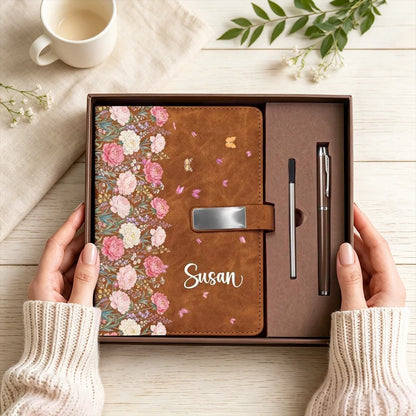Personalized Warm Brown Floral Metal Buckle Notebook Set, Presented in a Gift Box, Unique Gift for Her