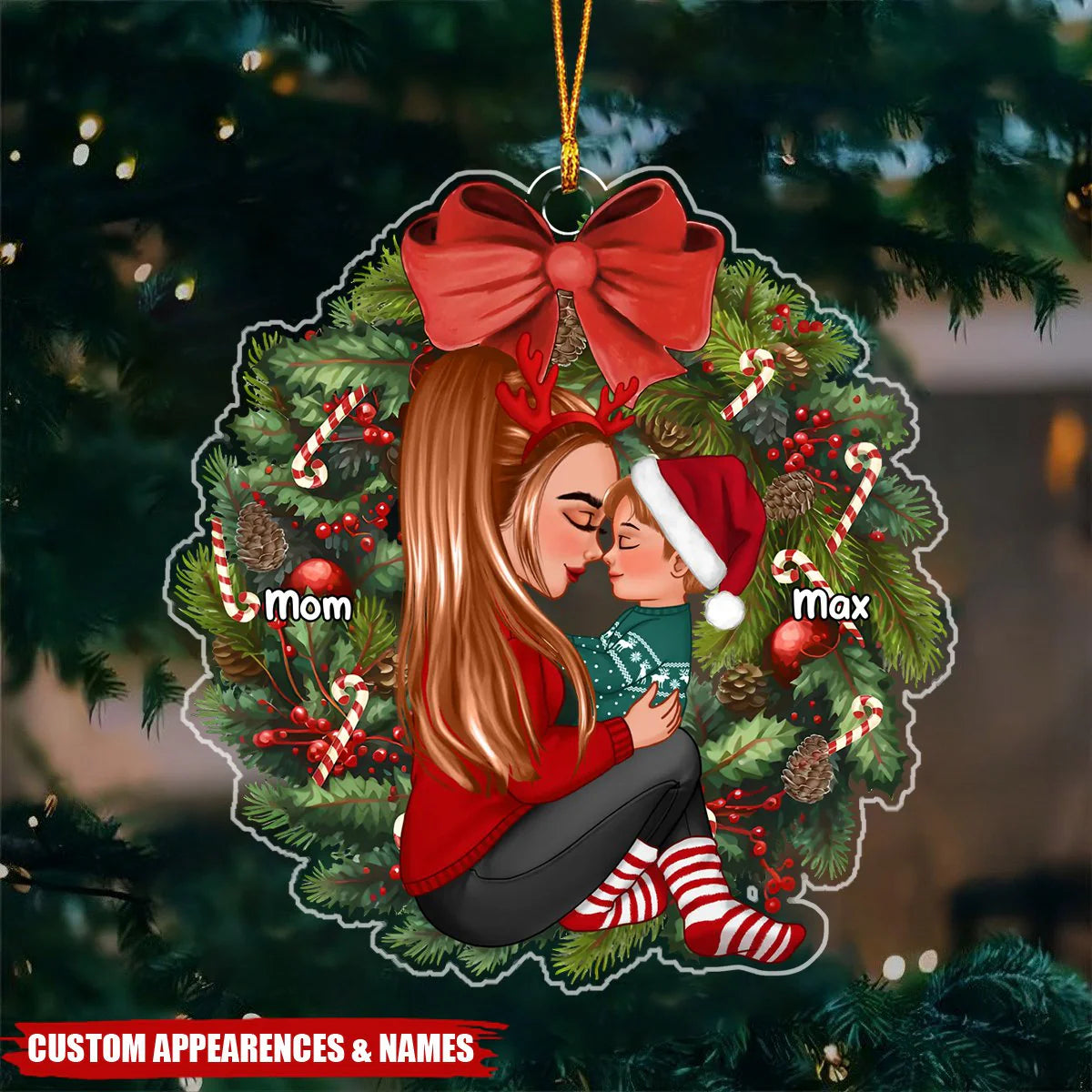 Grandma Mom Hugging Kid Sitting On Christmas Wreath Personalized Piggy Bank or Ornament or Plaque or Keychain or Poster
